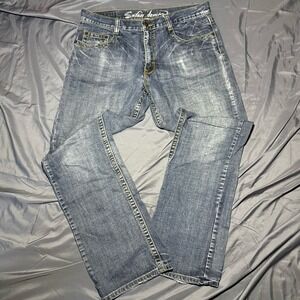 Safari Denim Grunge Embroidered Y2K Men Jeans Blue Denim 36x34 Bootcut